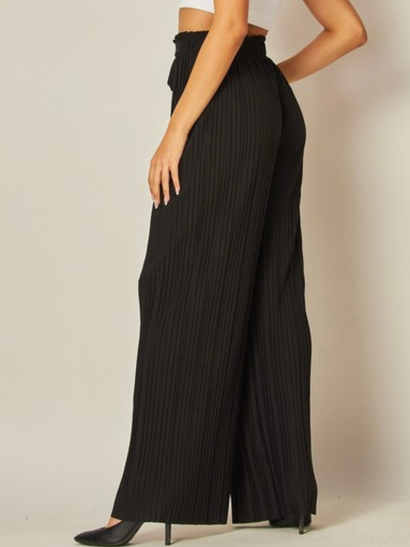 Ribbed Paper Bag Self Tie Wide Leg Pants