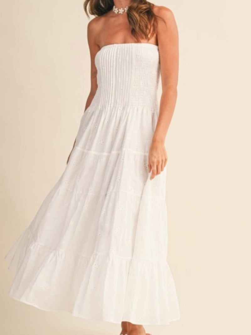 Off White Strapless Pleat Detail Eyelet Midi Dress