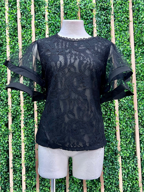 Black Organza Sleeves Lace Blouse