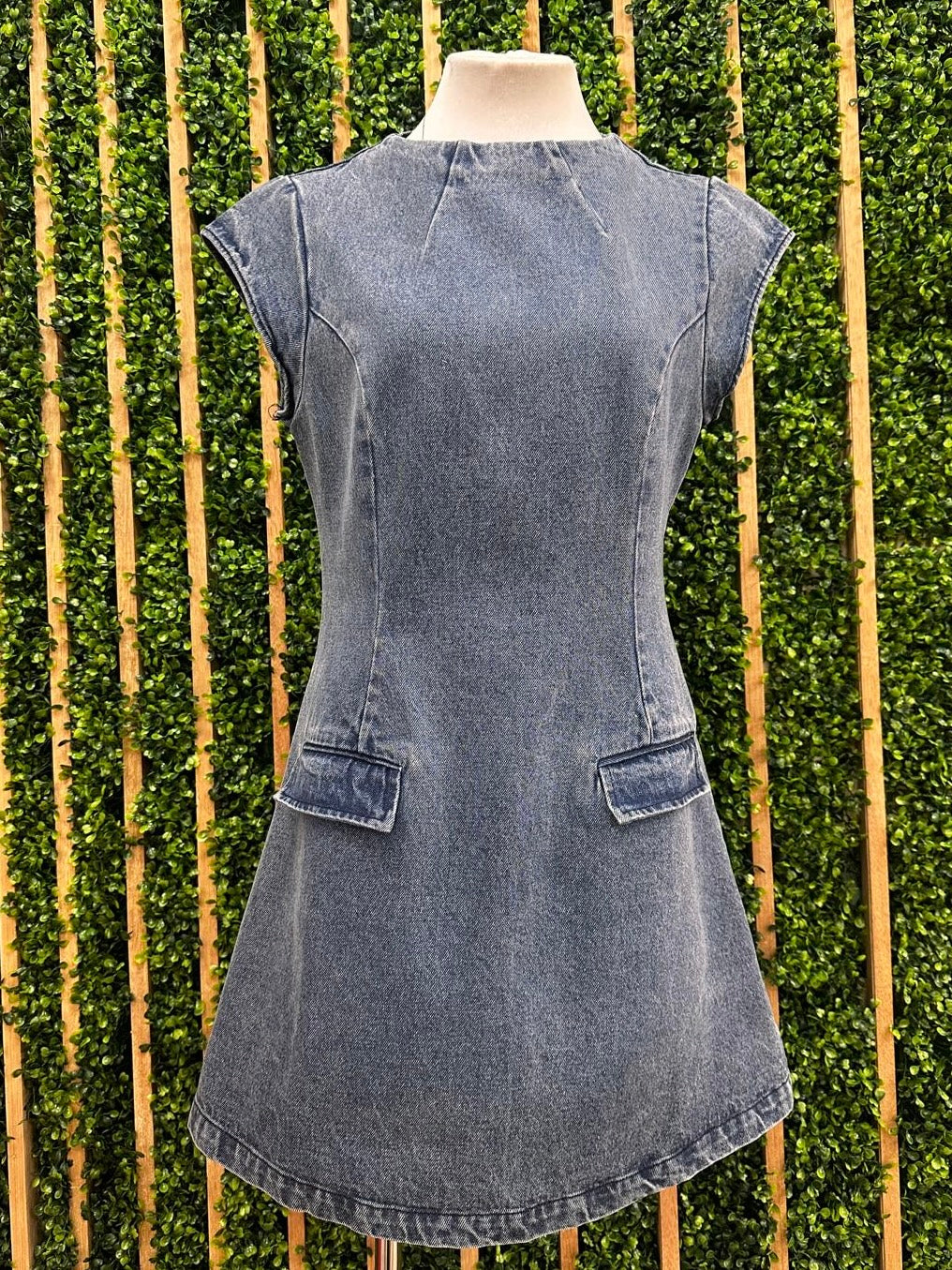 High Neck Cap Sleeve Short Denim Dress