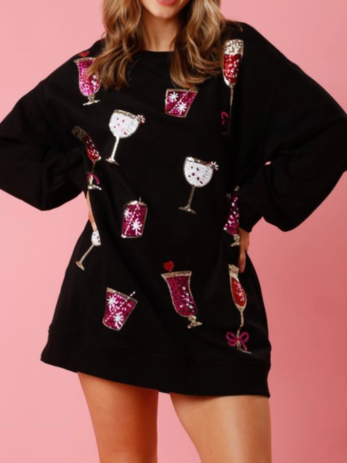 Black Sequin Drinks Patch Sweater Dress