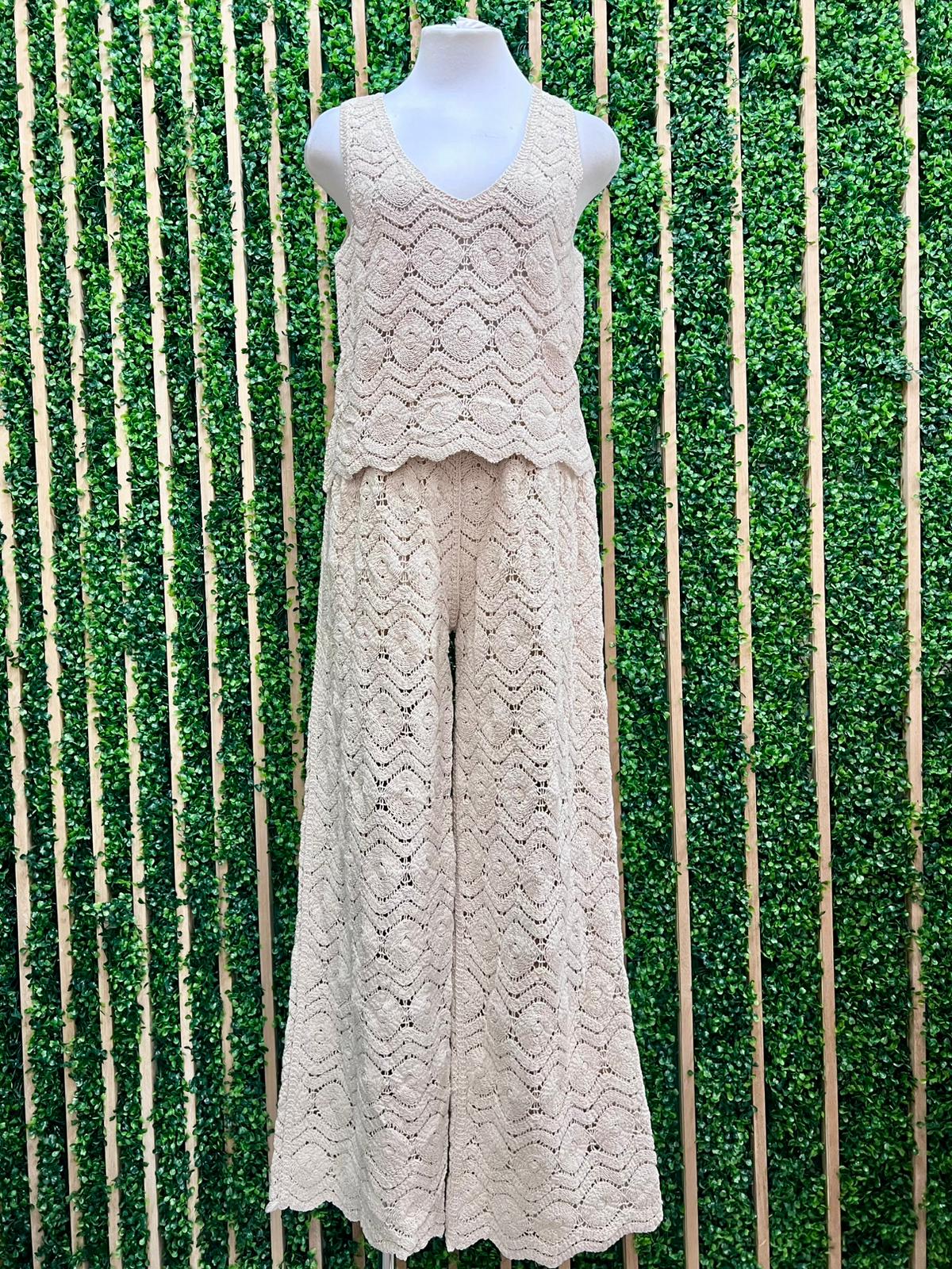 Vanilla Coastal Crochet Knit Wide Leg Pants