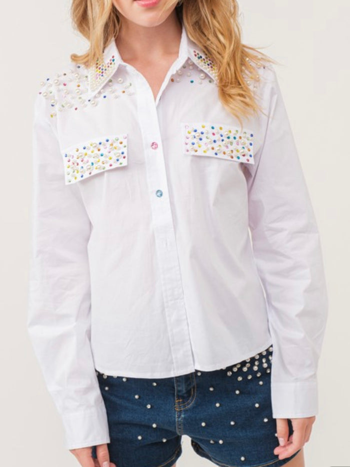 Multicolor Rhinestone and Pearl Blouse