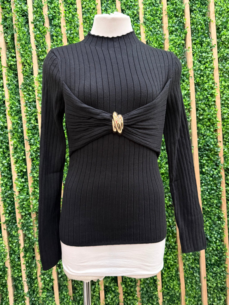 Beautiful Buckle Derail Black Long Sleeve Knit Top
