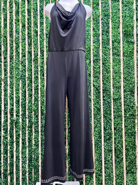 Black Grommet Trim Halter Wide-Leg Jumpsuit
