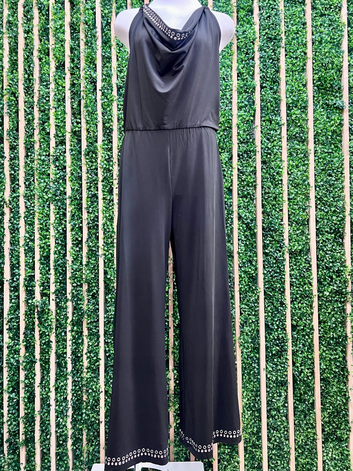 Black Grommet Trim Halter Wide-Leg Jumpsuit