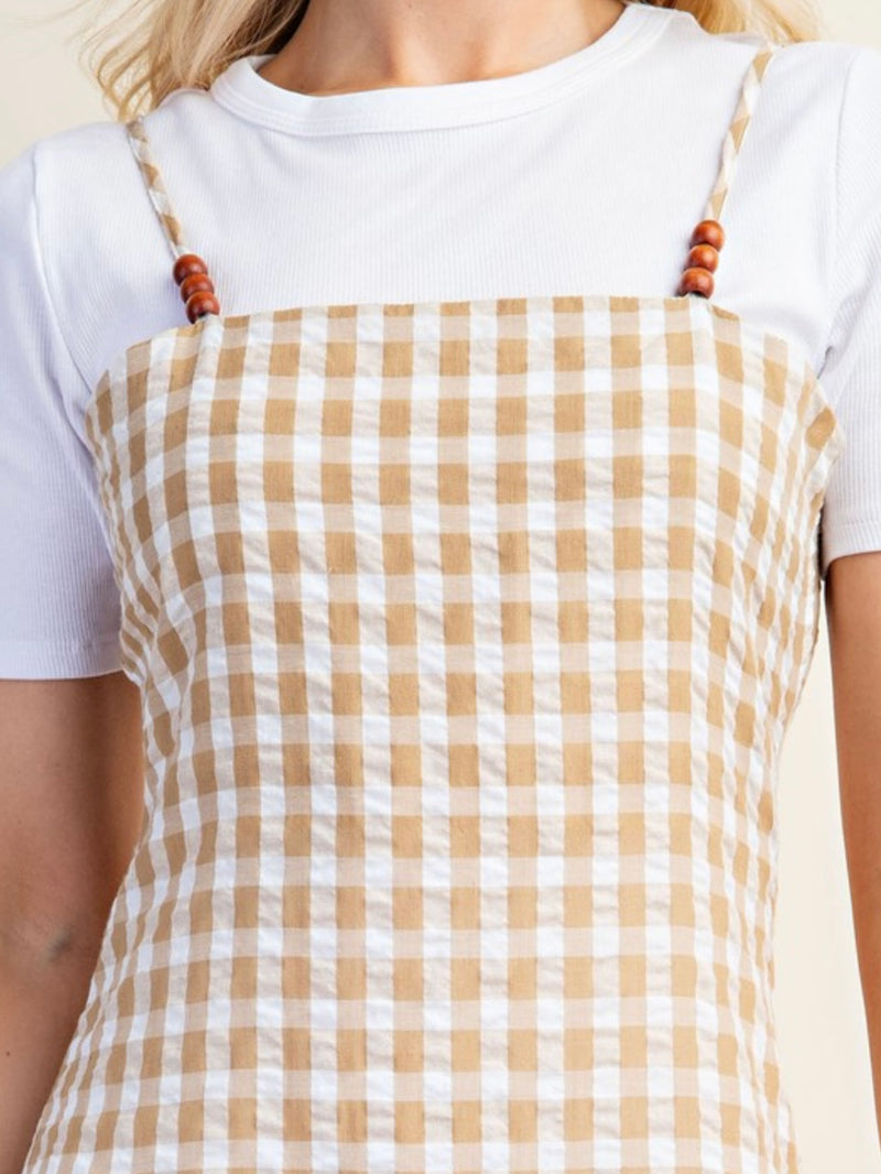 Wood Bead Detail Gingham Midi Dress