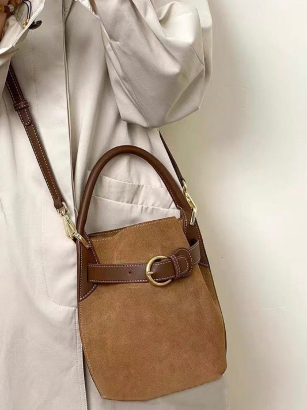 Brown Velvet Belted Bucket Bag
