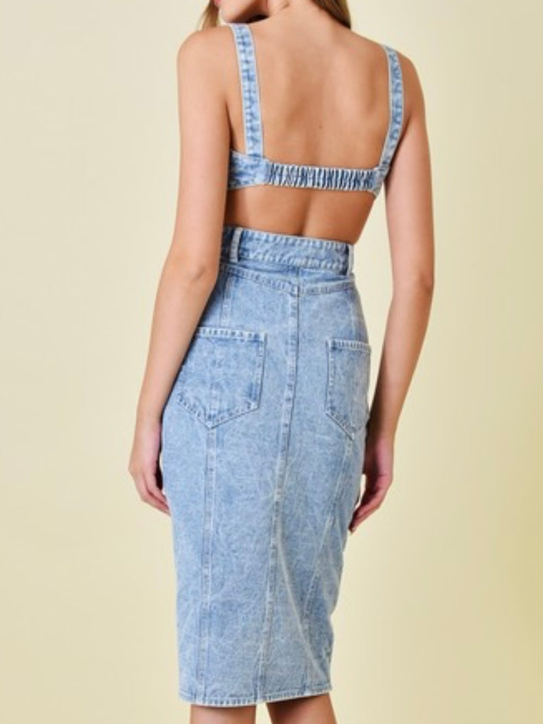 Mineral Wash Denim Cutout Midi Dress