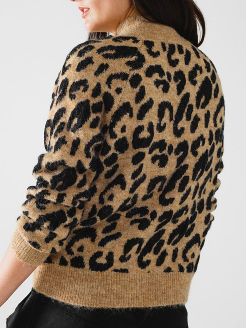 High Neck Button Detail Leopard Sweater