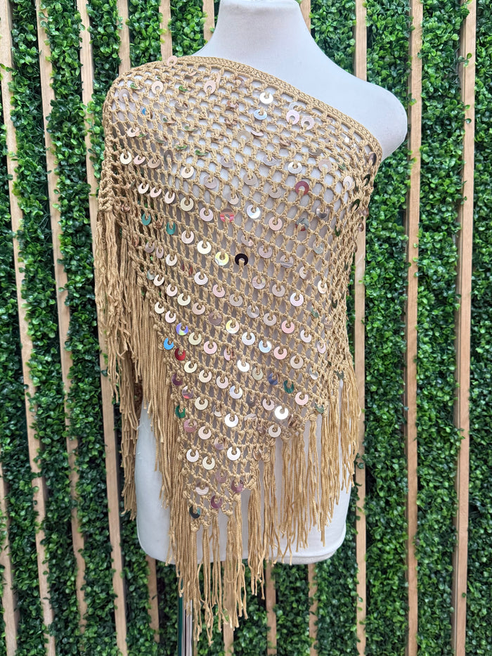 Sequin Fringe Crochet Beach Cover-Up Poncho