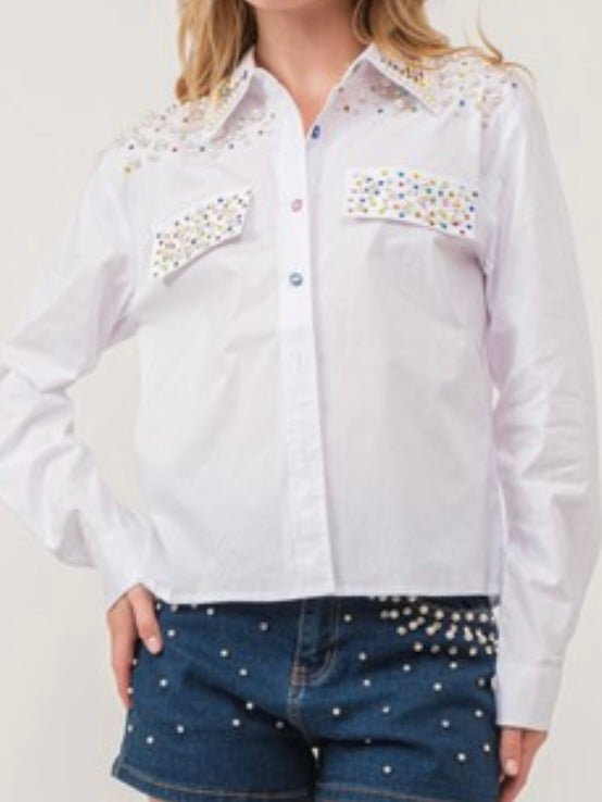 Multicolor Rhinestone and Pearl Blouse