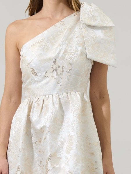 Champagne One Shoulder Jacquard Bow Detail Midi Dress