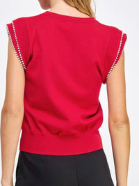 Red Pearl Trim Knit Top