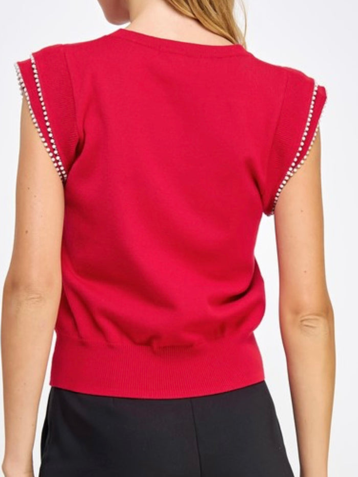 Red Pearl Trim Knit Top