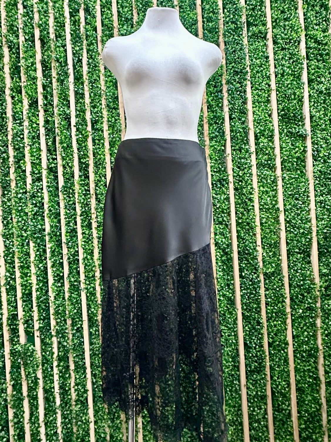 Black Contrast Lace Satin Midi Skirt