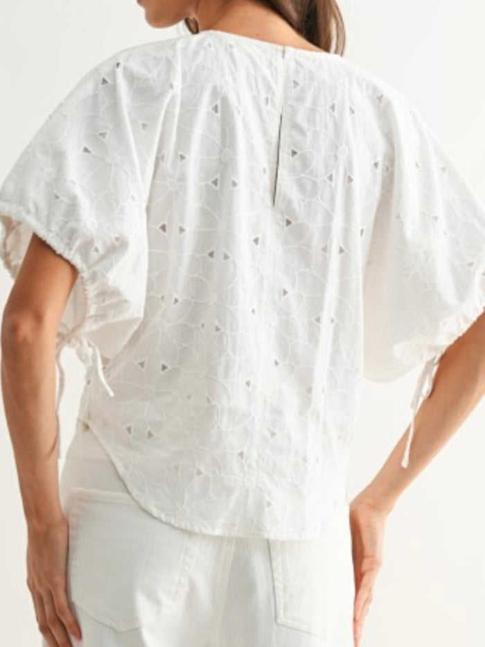 White Floral Embroidered Short Sleeve Blouse