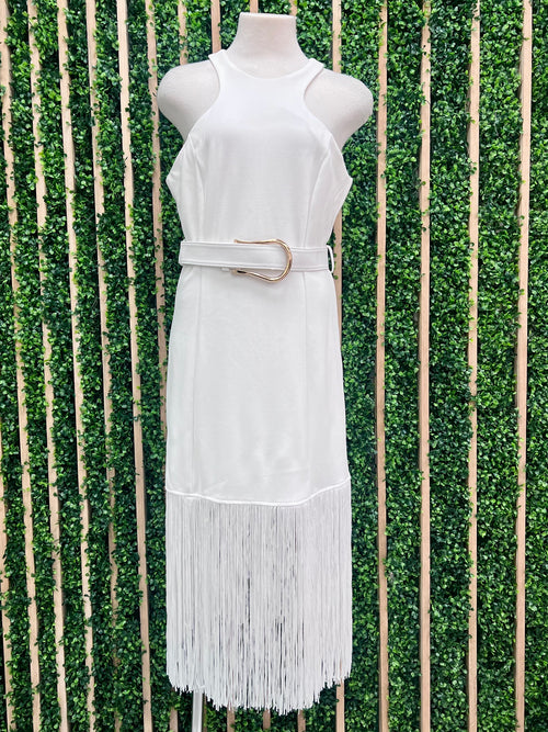 Beautiful White Asymmetrical Fringe Midi Dress