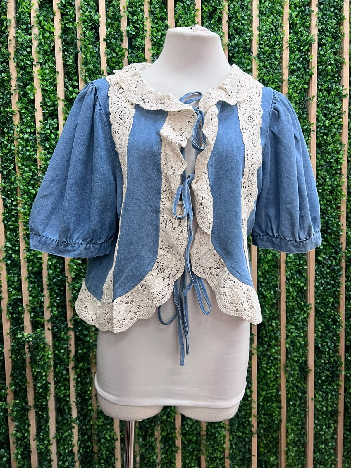Denim & Crochet Tie-Front Top