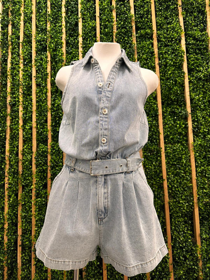 Button Up Belted Denim Romper