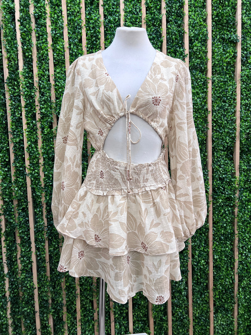 Khaki Floral Frunt Cutout Short Dress