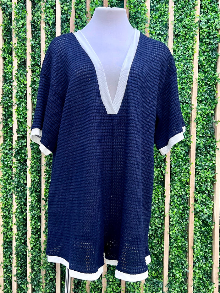 Navy White Trim Waffle Knit ROmper