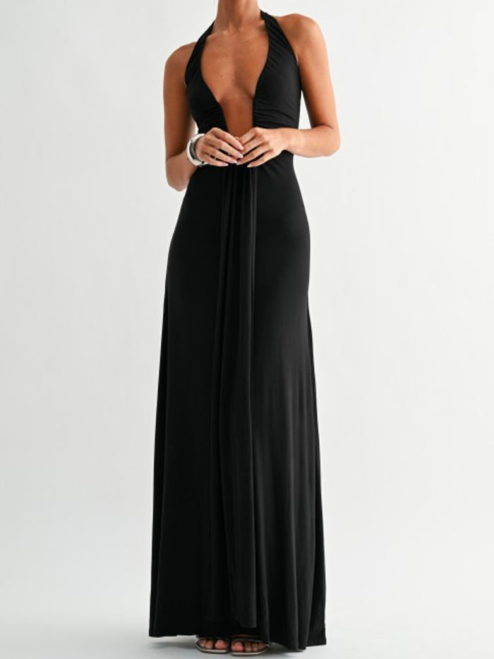 Black Deep Plunge Halter Maxi Dress