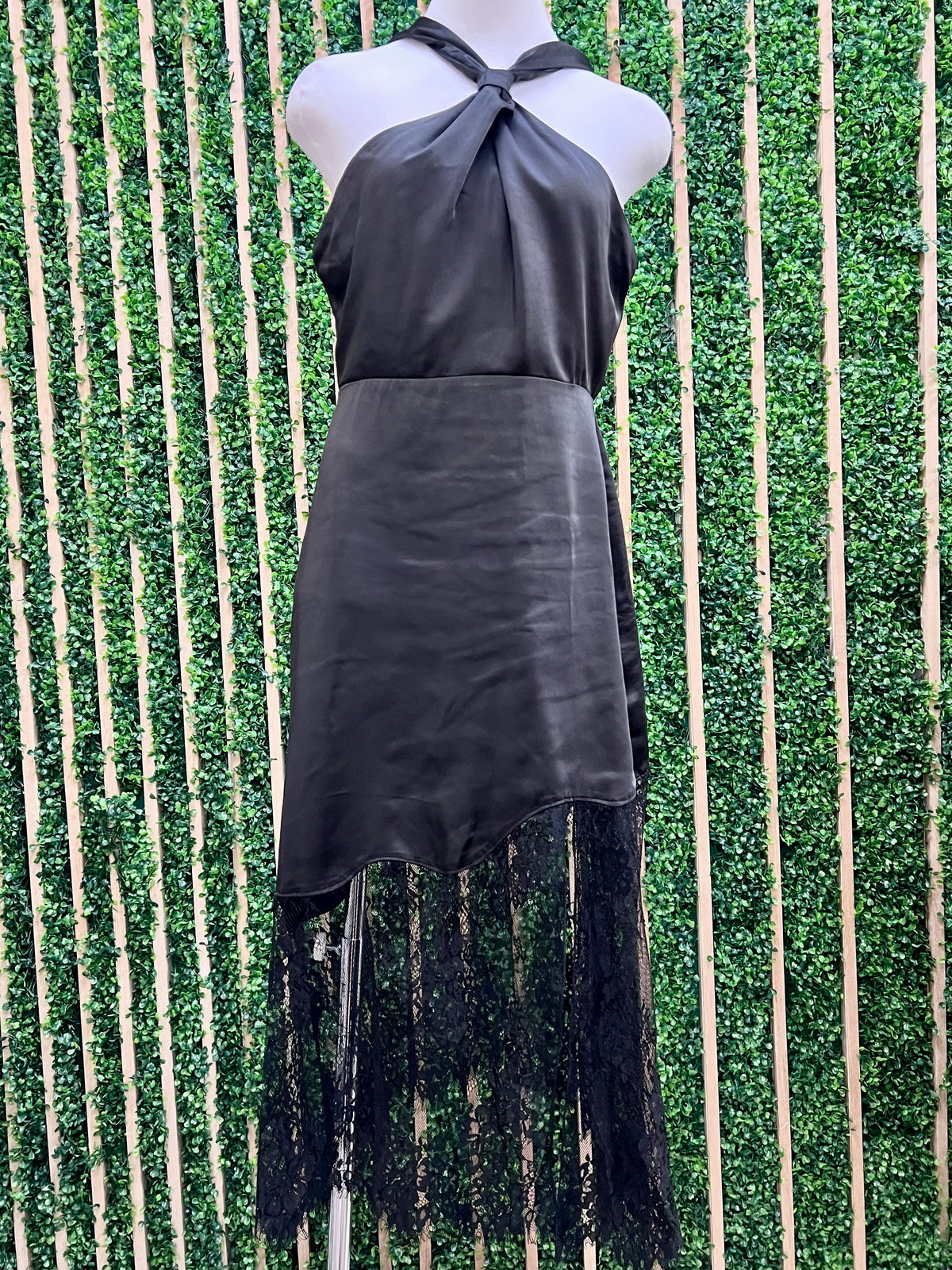 Beautiful Black Cross Neck Satin Lace Midi Dress