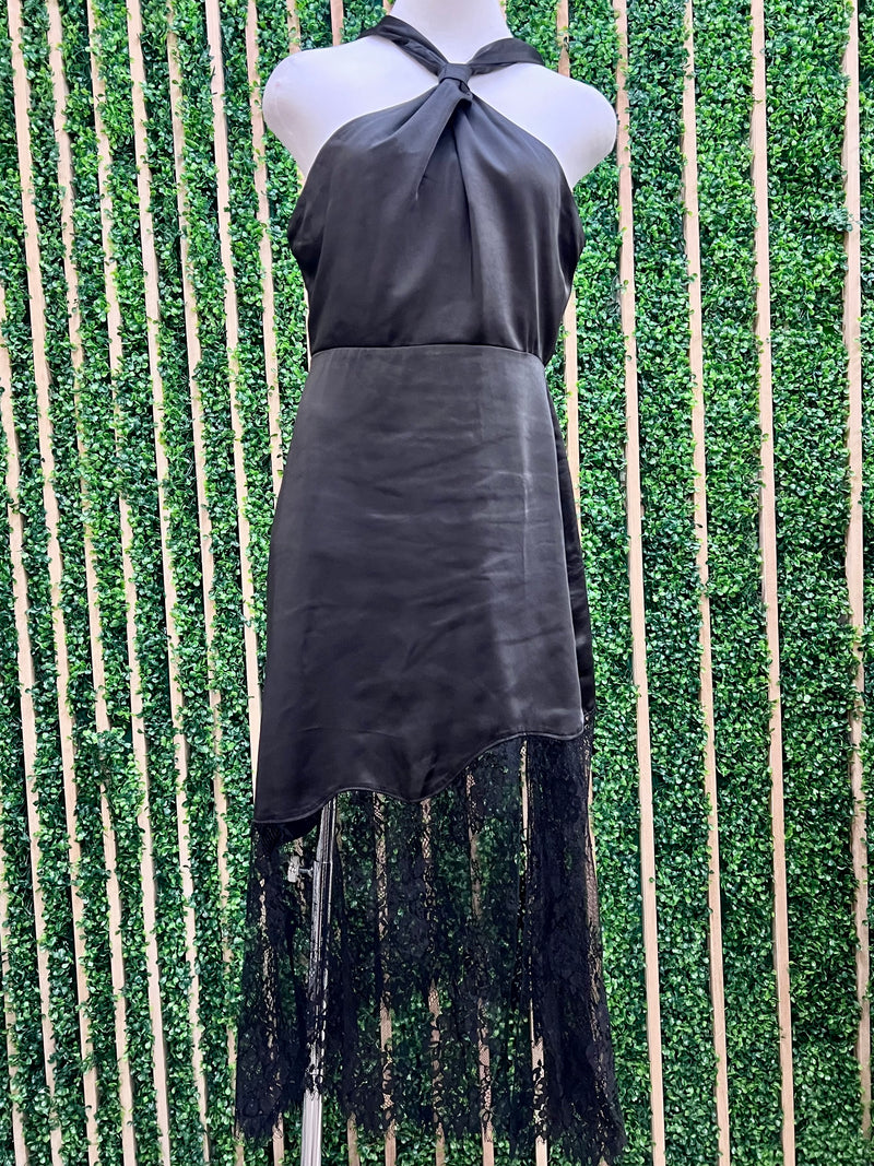 Beautiful Black Cross Neck Satin Lace Midi Dress