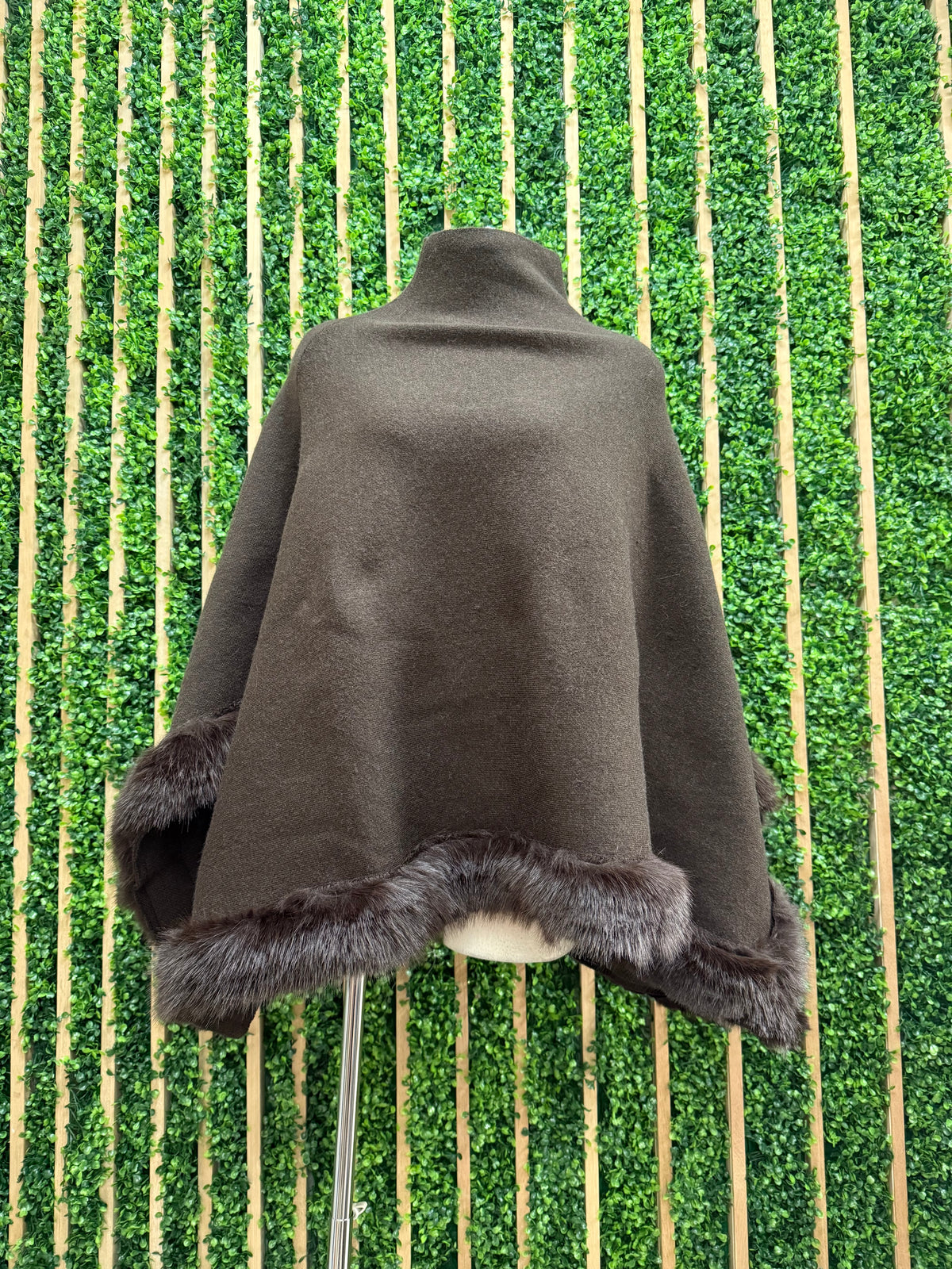 Brown Faux Fur Trim Cape Poncho