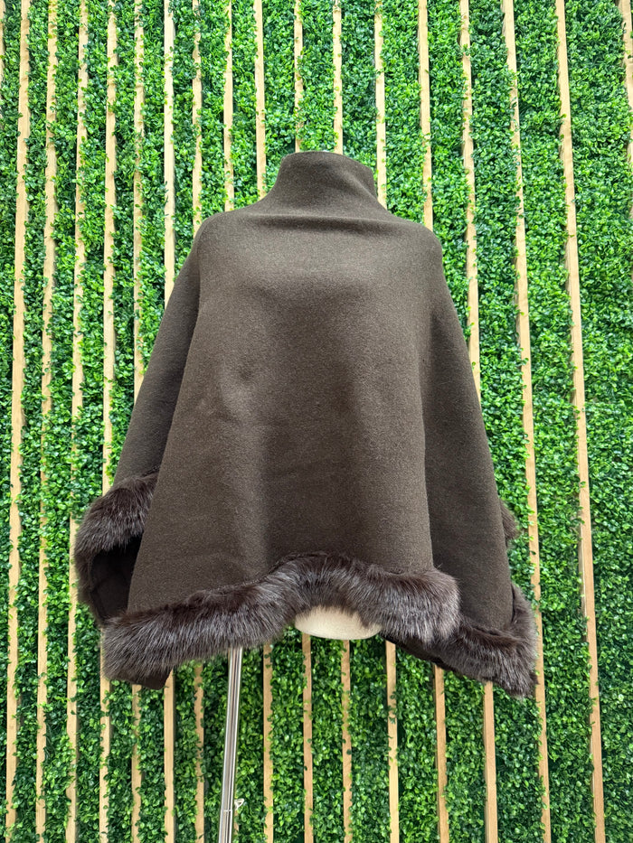 Brown Faux Fur Trim Cape Poncho