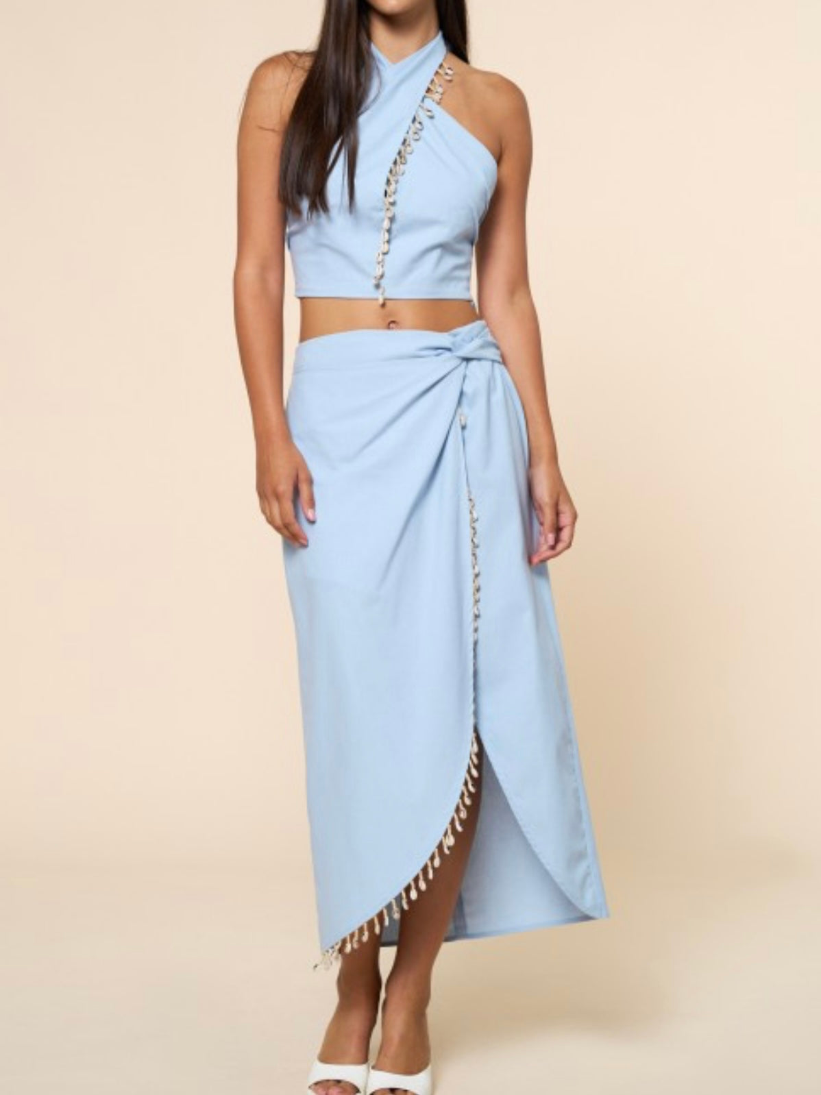 Shell & Beads Trim Warp Midi Skirt