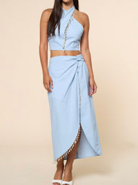 Shell & Beads Trim Warp Midi Skirt
