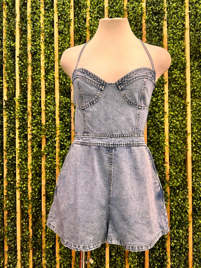 Lace Up Back Denim Bustier Romper