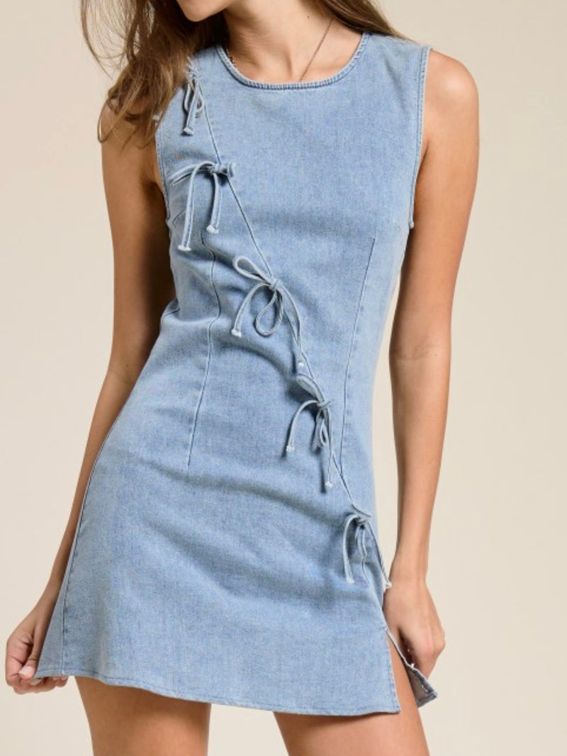 Front Bows Round Neck Short Denim Dress