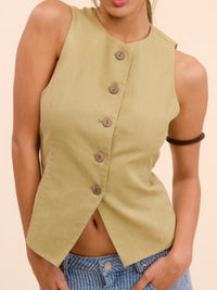 Sleeveless Buttoned Fitted Linen Vest