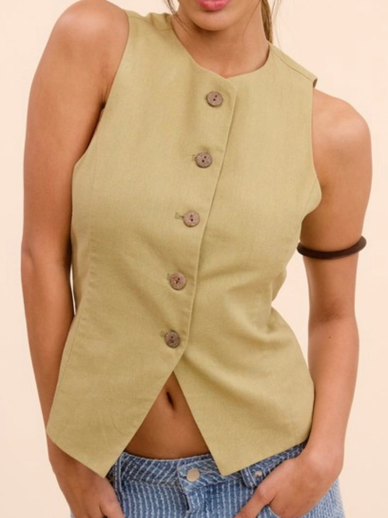 Sleeveless Buttoned Fitted Linen Vest