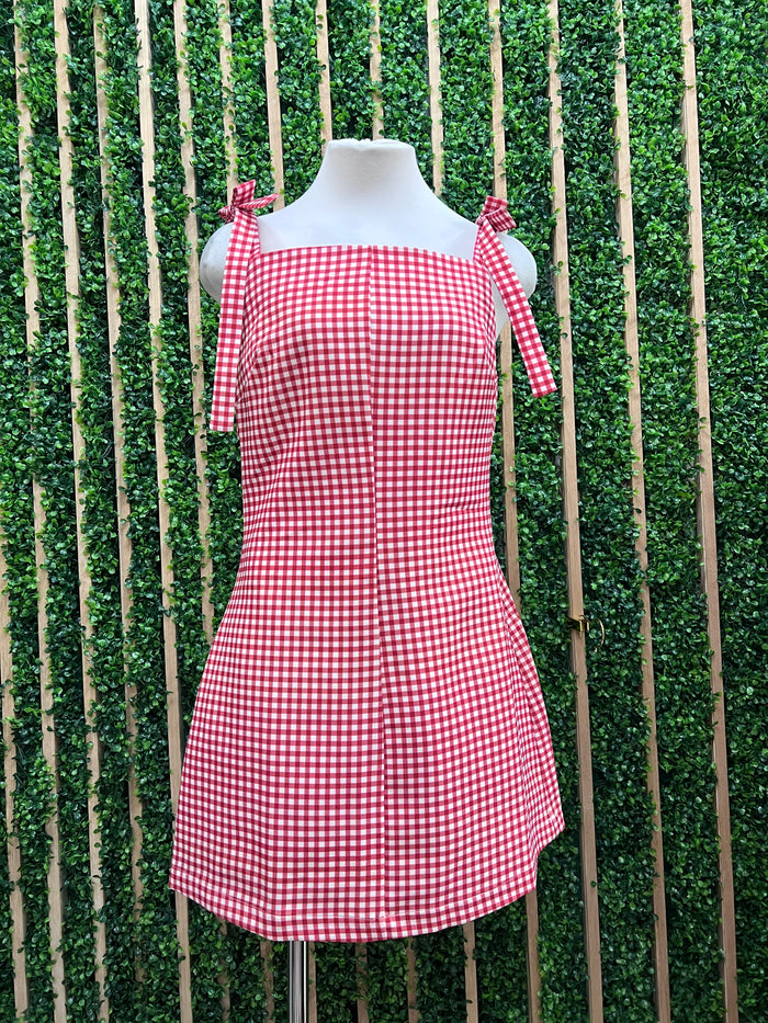 Gingham Sleeveless Short Dress With Shoulder Bow Detail