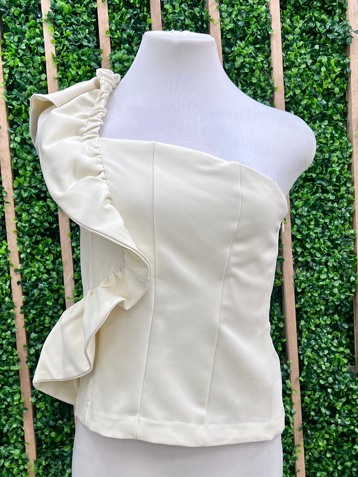 White Ruffled One Shoulder Fitted Blouse