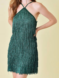 Green Glittery Fringe Short Dress