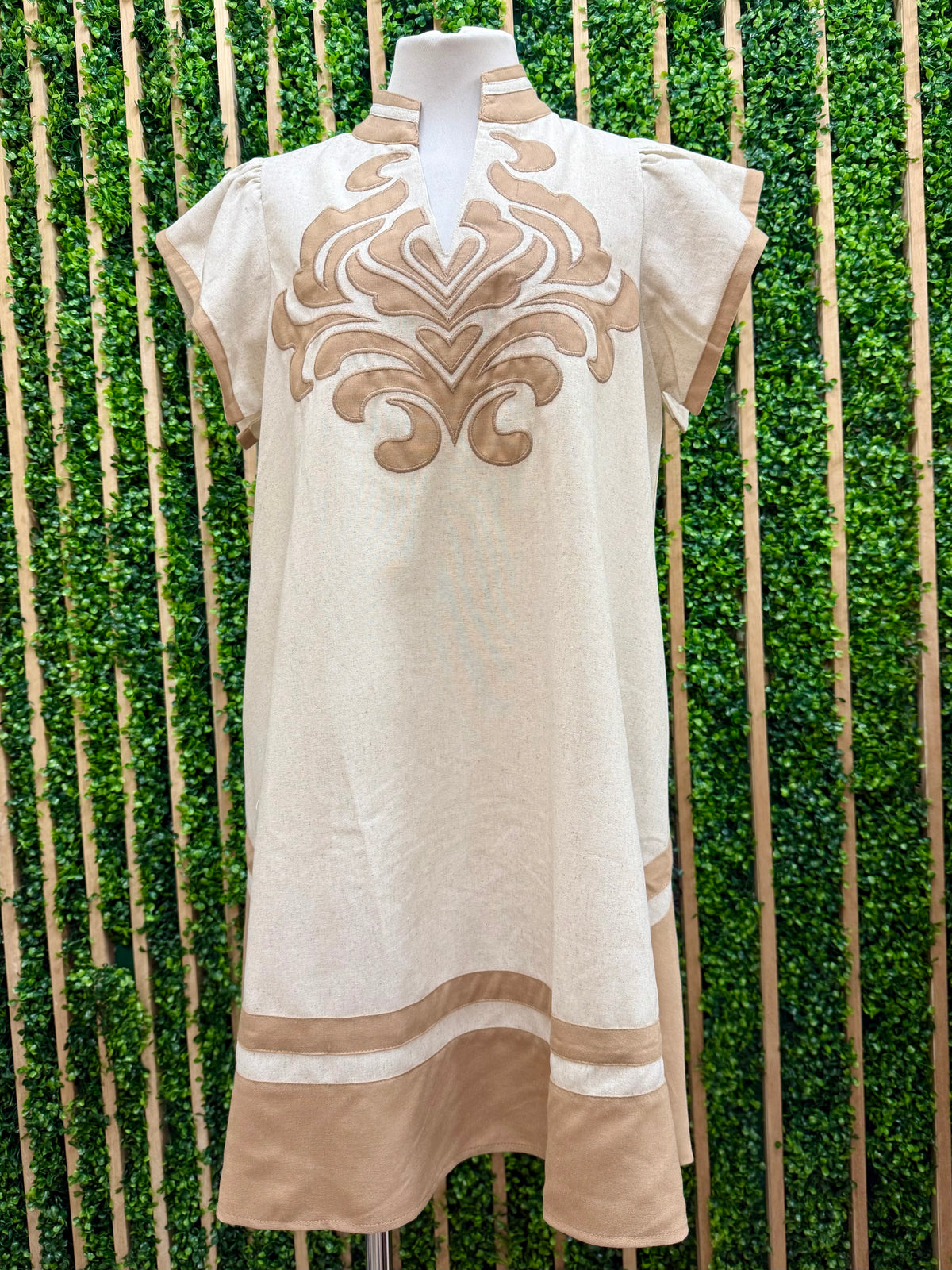 High Neck Embroidered V Neck Short Dress