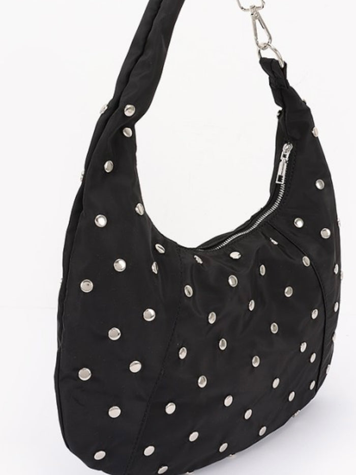 Black Nylon Studded Hobo Bag
