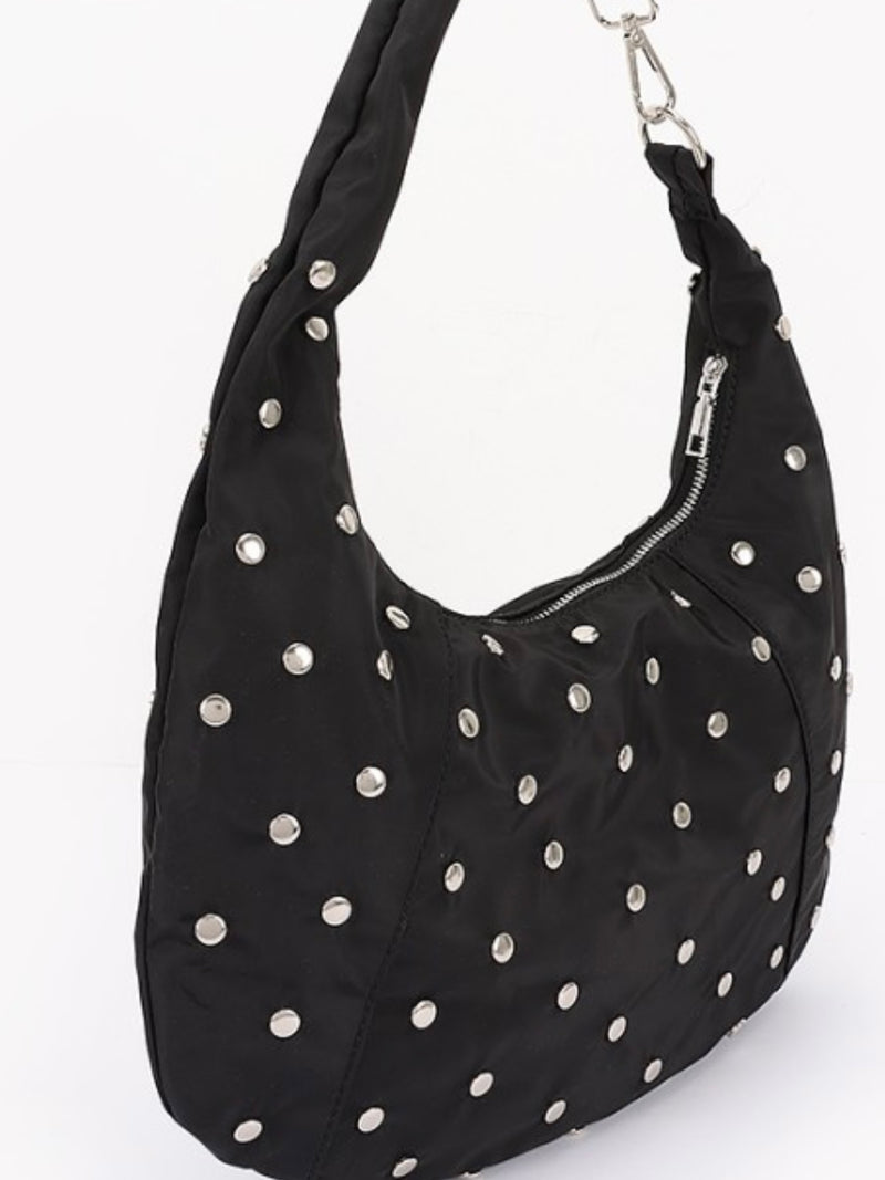 Black Nylon Studded Hobo Bag