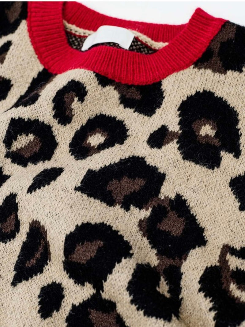 Red Detail Leopard Knit Sweater