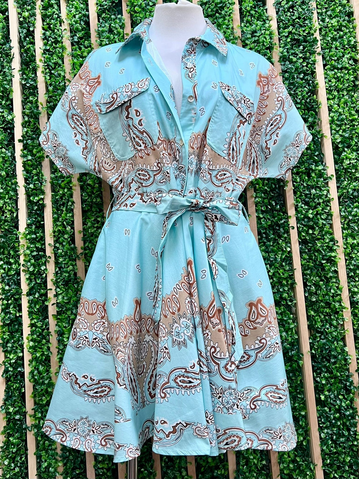 Aqua Blue Paisley Bandana Short Sleeve Blouse Dress
