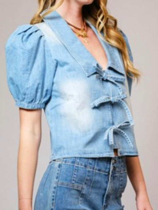 Peter Pan Collar Front Tie Denim Blouse