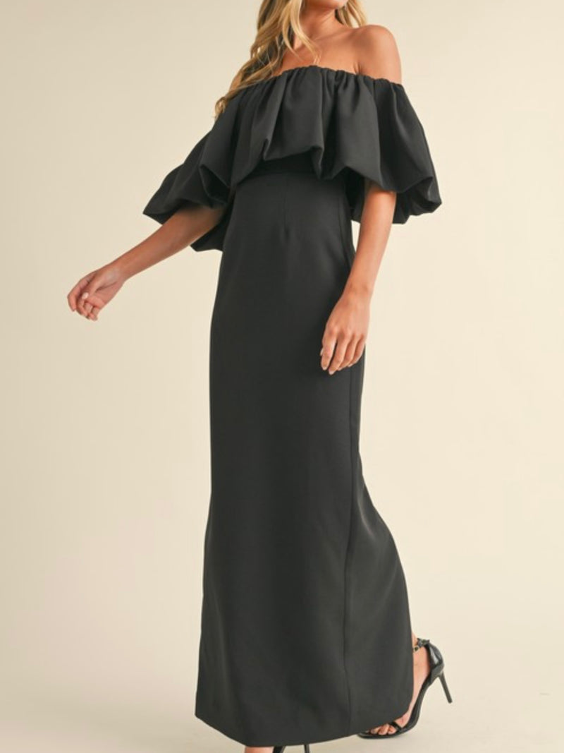 Black Off Shoulder Layer Long Dress