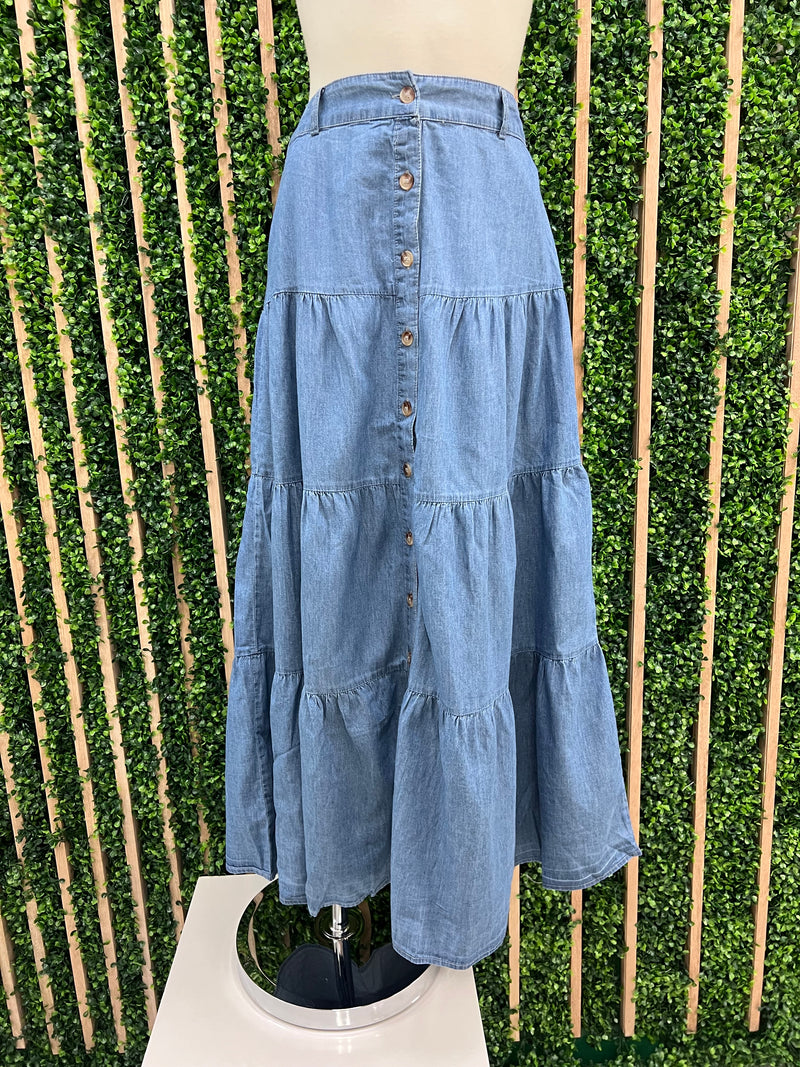 Chambray Denim Tiered Maxi Skirt