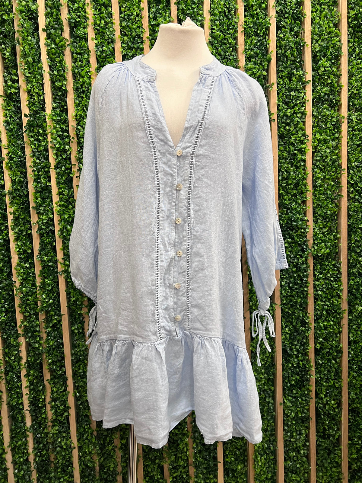 Light Blue Mid Sleeve Drop Waist Short Linen Dress