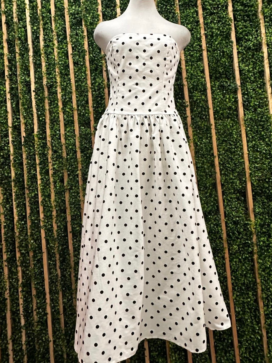 Strapless Polka Dot Drop Waist Midi Dress